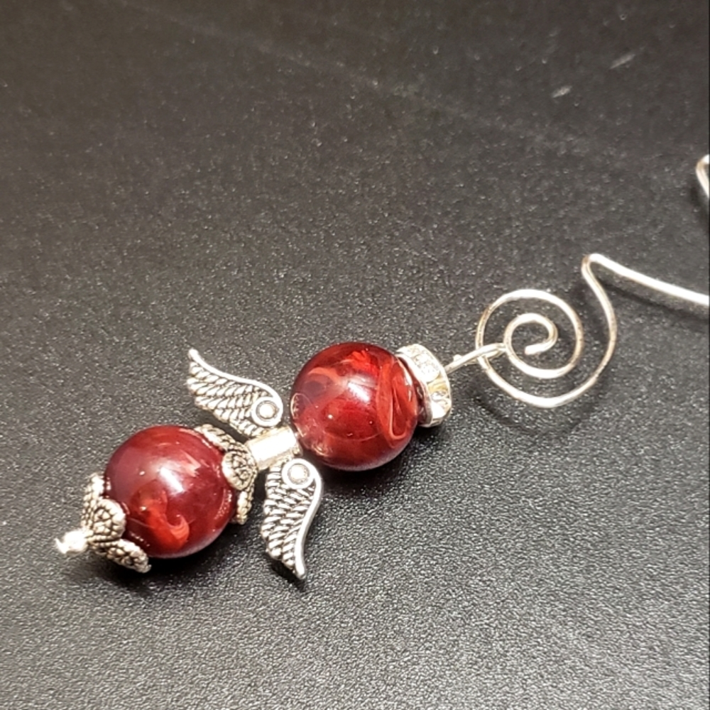 Hand Crafted Guardian Angel Charm, Red Swirl Beaded Angel Home Decor Hanger